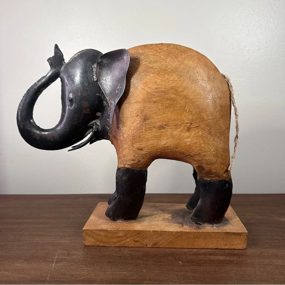 Pier 1 Imports Tropical Hardwood and Tin Hand Carved Elephant Figurine 10” Decor